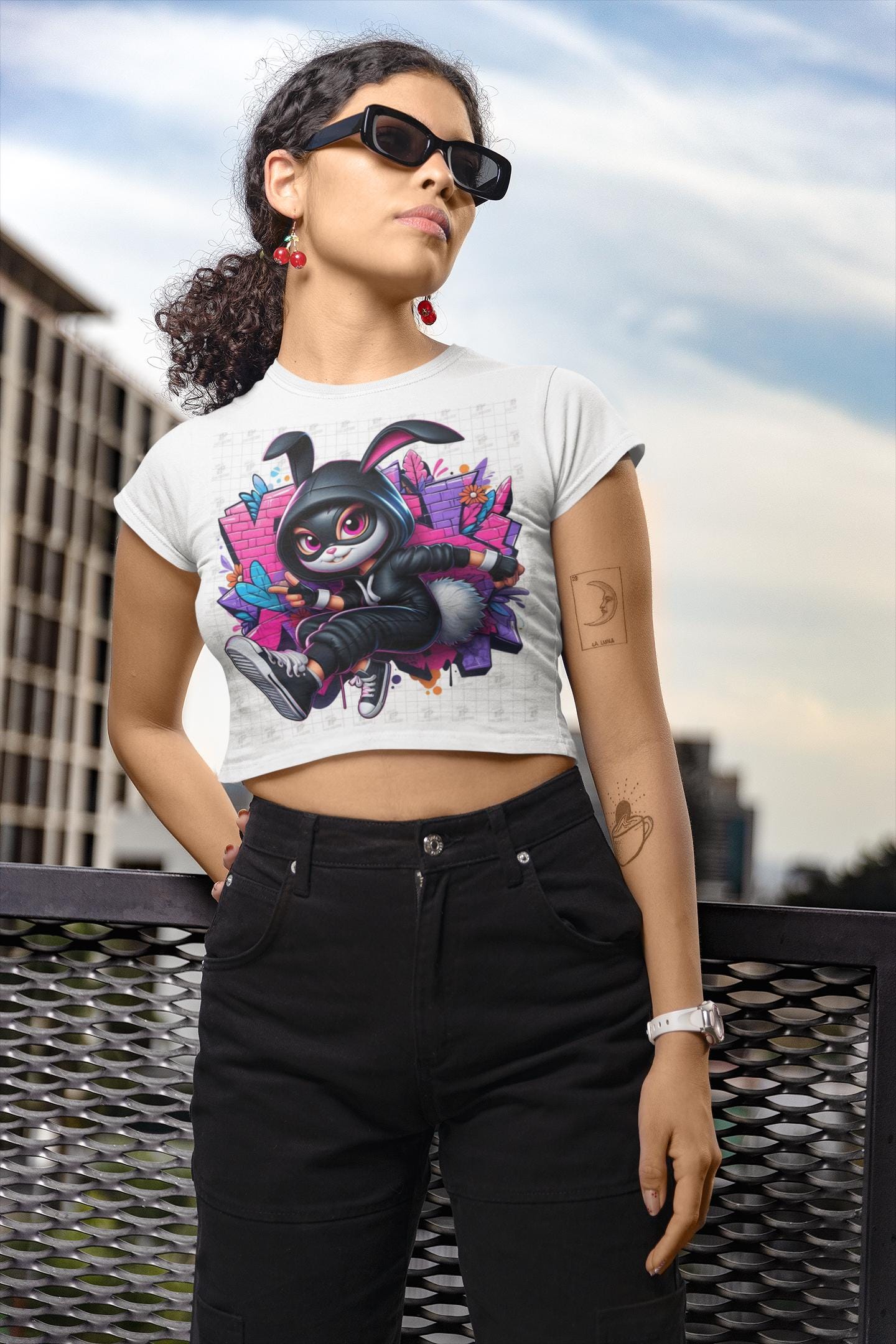 Cropped T-Shirt, Urban Rabbit Attitude Graphic Tee, Streetwear Bunny Shirt, Graffiti Style, Women's Top, Hip Hop Fashion, Cool Animal Design