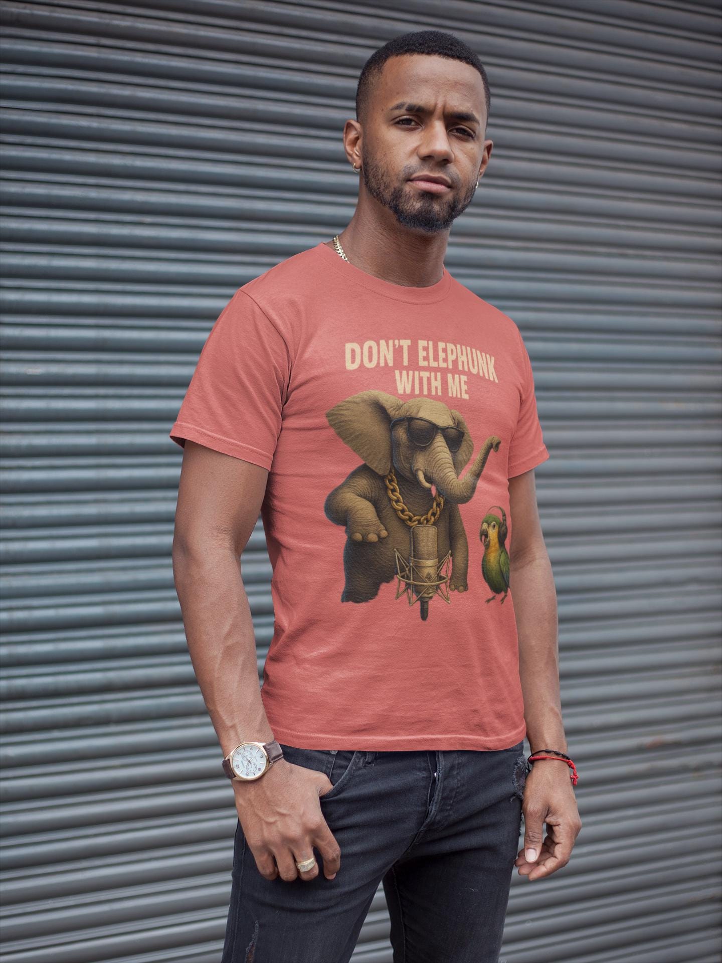 Reggaeton Elephant T-shirt, Music Lover Tee, Hip Hop Animal Shirt, Urban Fashion Top, Funny Parrot Beatbox Tee, Unisex Cotton Garment-Dyed,