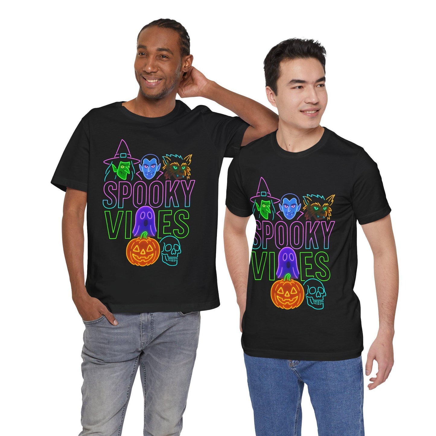 Halloween Spooky Vibes Unisex Tee, Witch Ghost Pumpkin Retro Neon Shirt, Fall Festival Apparel, Cotton Graphic Top, Costume Party Outfit