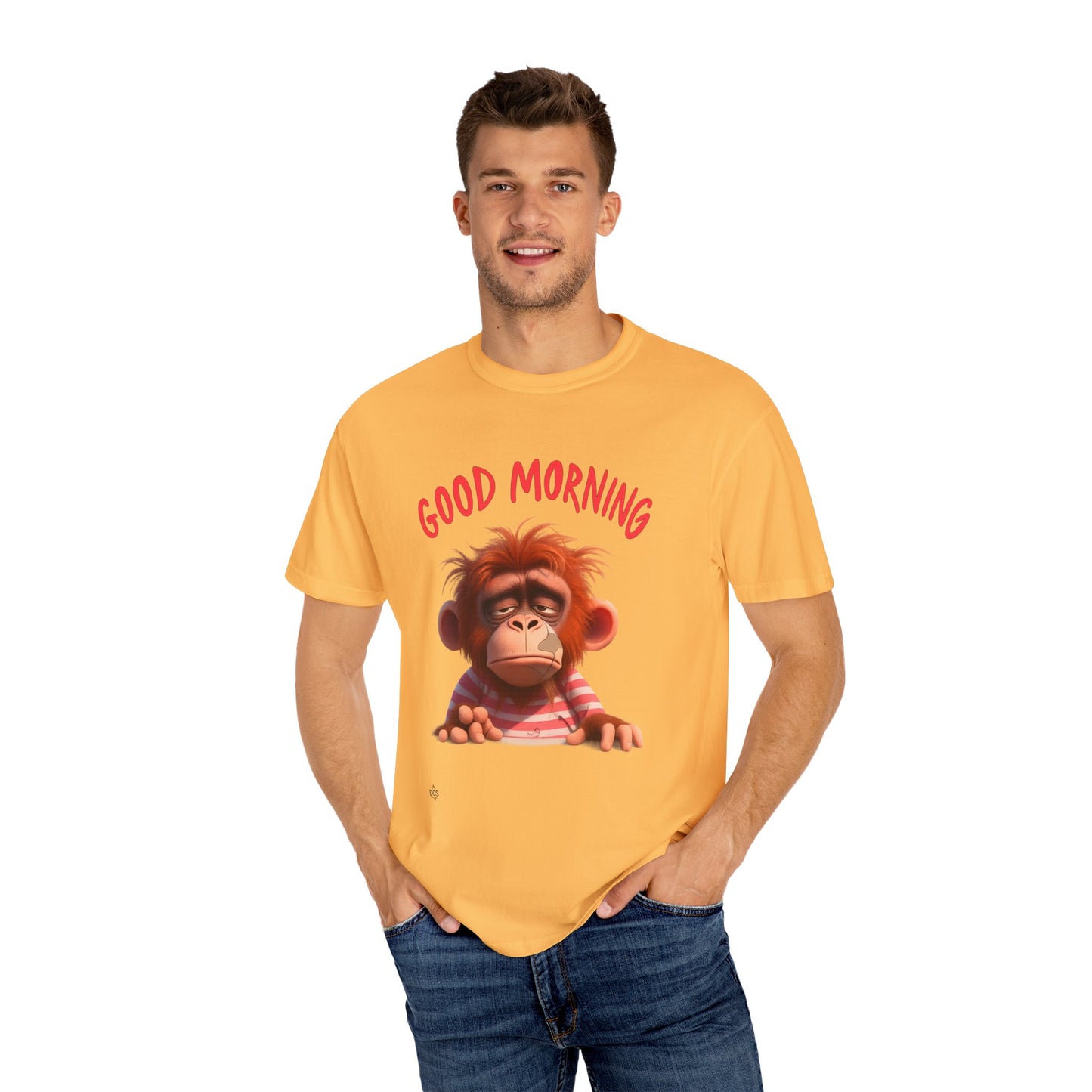 Unisex Garment-Dyed T-shirt with GOOD MORNING Attitude, Streetwear Urban Design, Premium Fabric, Unique Caricature Illustration, Message