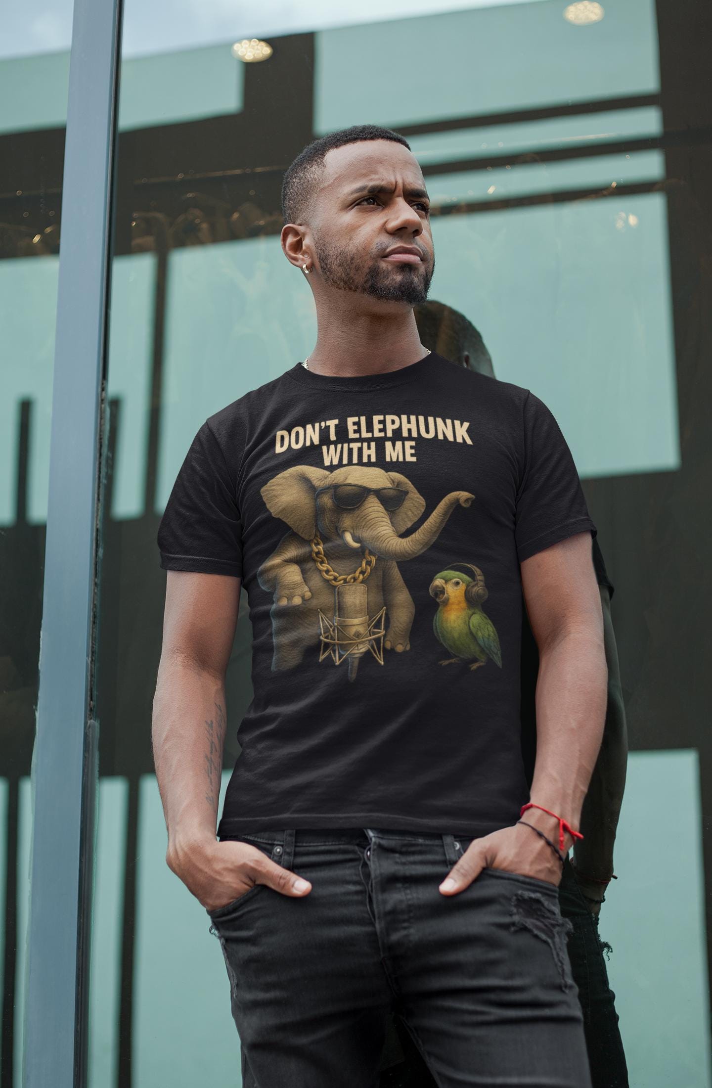 Reggaeton Elephant T-shirt, Music Lover Tee, Hip Hop Animal Shirt, Urban Fashion Top, Funny Parrot Beatbox Tee, Unisex Cotton Garment-Dyed,