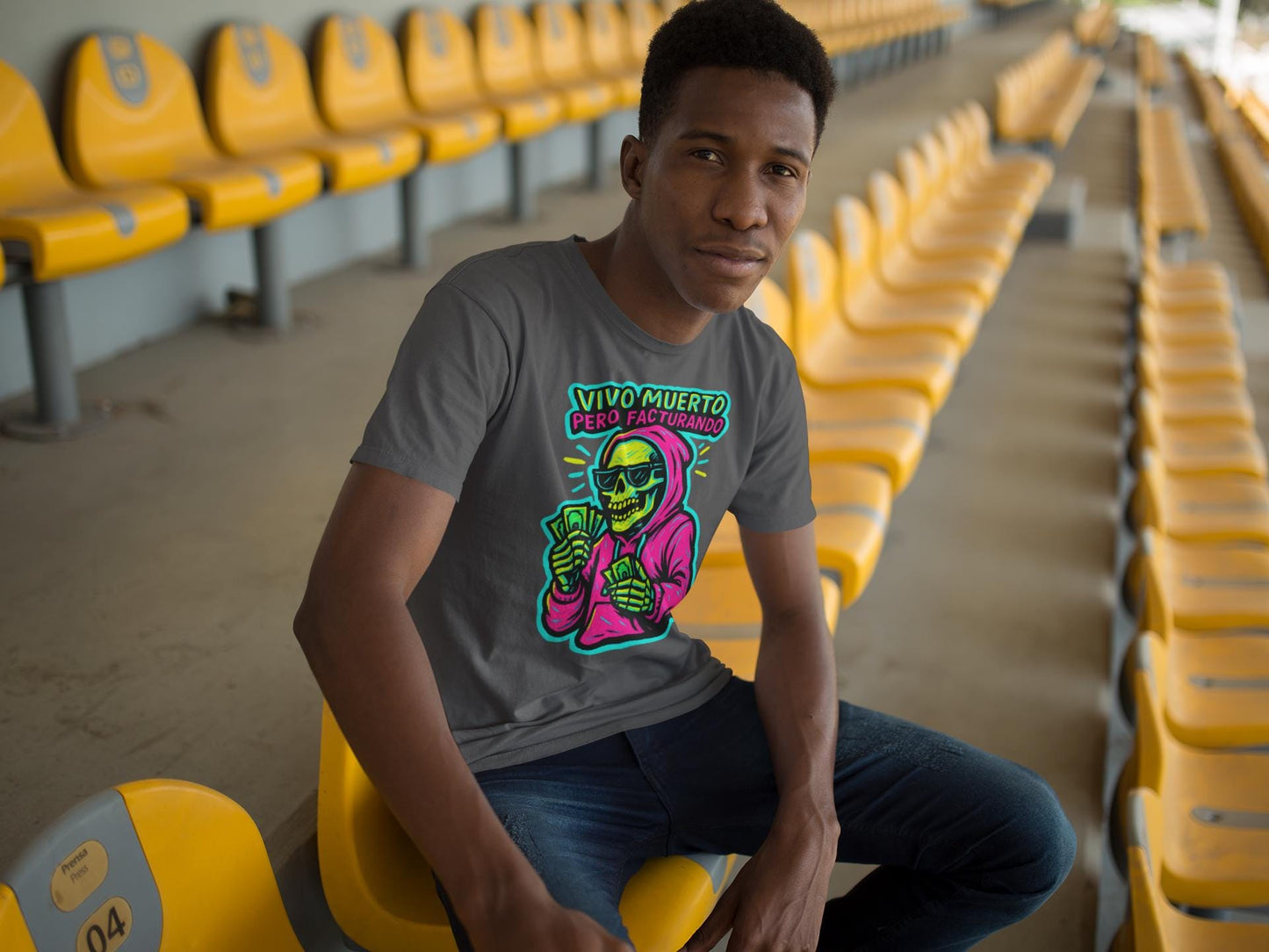 Unisex T-shirt, Skeleton with Magenta Hoodie and Sunglasses Design, Trendy Sticker Style, Fluorescent Colors, Transparent Background,