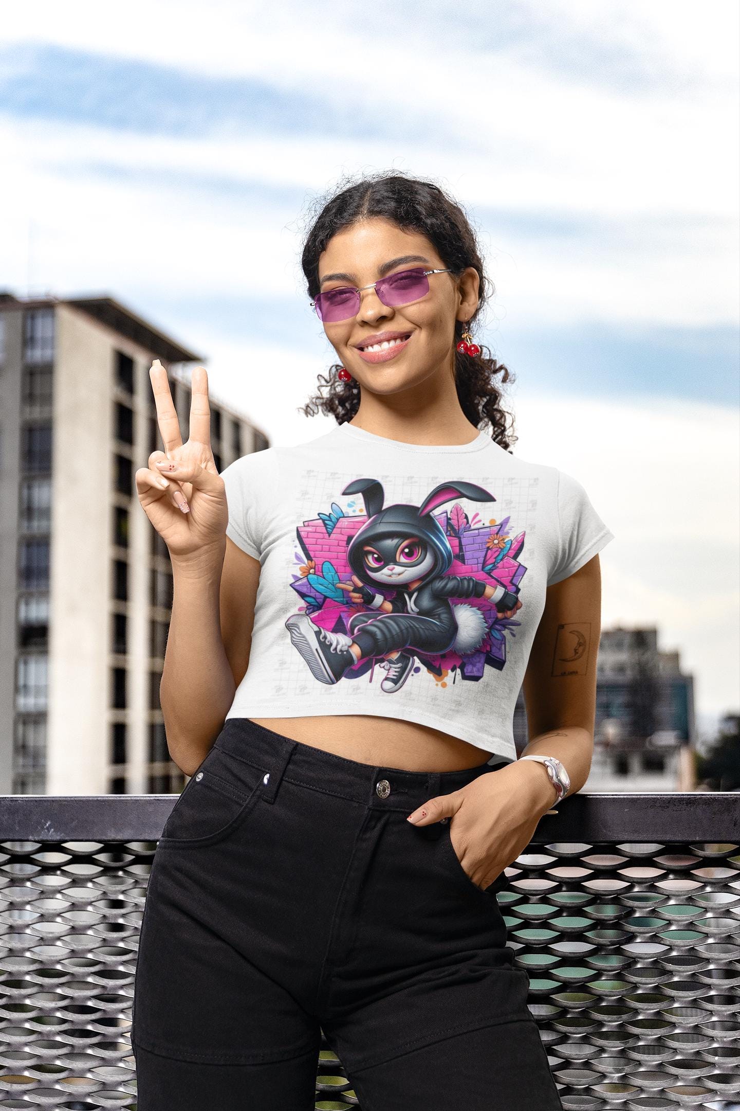 Cropped T-Shirt, Urban Rabbit Attitude Graphic Tee, Streetwear Bunny Shirt, Graffiti Style, Women's Top, Hip Hop Fashion, Cool Animal Design