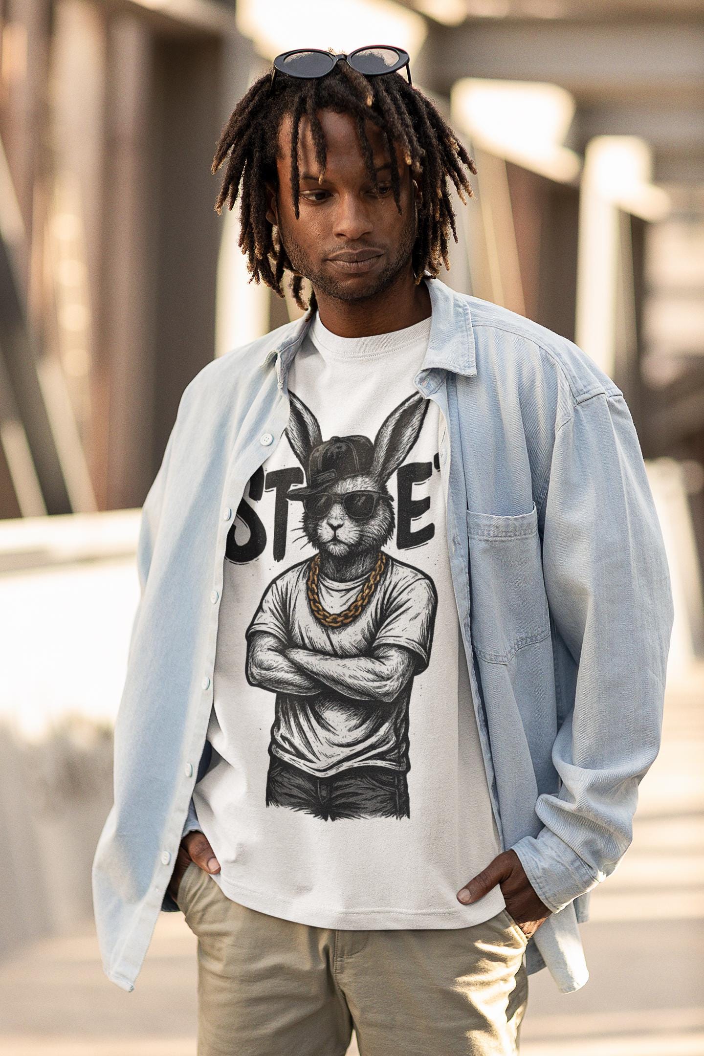 Urban Bunny Streetwear Unisex Softstyle T-Shirt - Graphic Art Tee, Hip Hop Shirt, Street Fashion Top, Cool Rabbit Tee, Hipster Bunny Shirt