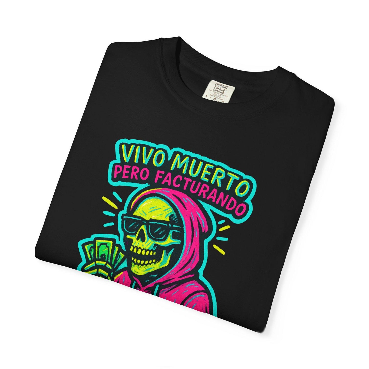 Unisex T-shirt, Skeleton with Magenta Hoodie and Sunglasses Design, Trendy Sticker Style, Fluorescent Colors, Transparent Background,
