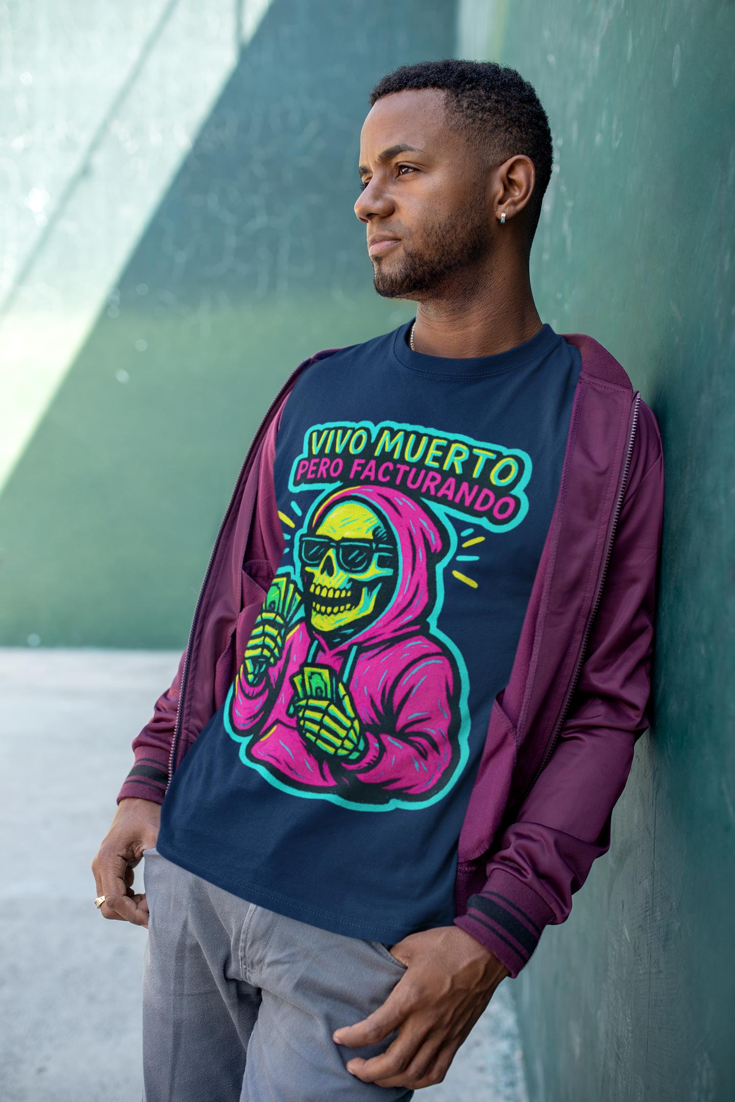 Unisex T-shirt, Skeleton with Magenta Hoodie and Sunglasses Design, Trendy Sticker Style, Fluorescent Colors, Transparent Background,