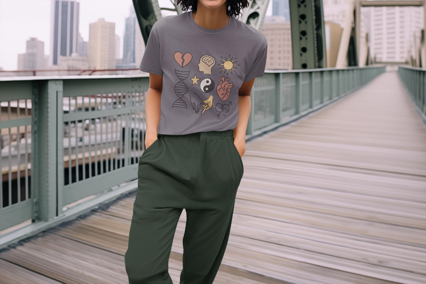 Emotional DNA Collage Unisex T-shirt, Heart Brain Hands Yin-Yang Sun Symbolic Art Tee, Unique Gift, Soft Cotton, Fashion Purpose, Identity