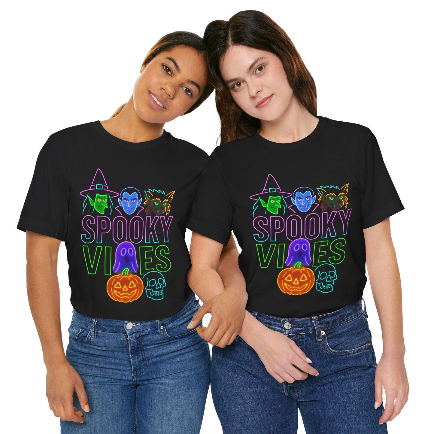 Halloween Spooky Vibes Unisex Tee, Witch Ghost Pumpkin Retro Neon Shirt, Fall Festival Apparel, Cotton Graphic Top, Costume Party Outfit