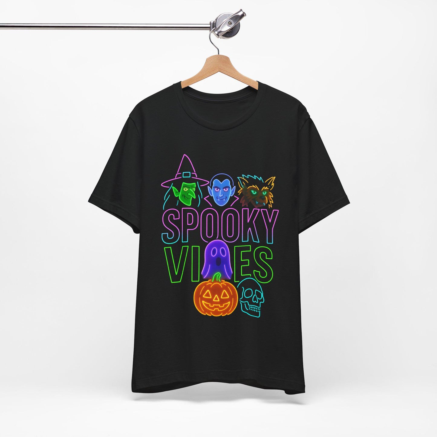Halloween Spooky Vibes Unisex Tee, Witch Ghost Pumpkin Retro Neon Shirt, Fall Festival Apparel, Cotton Graphic Top, Costume Party Outfit
