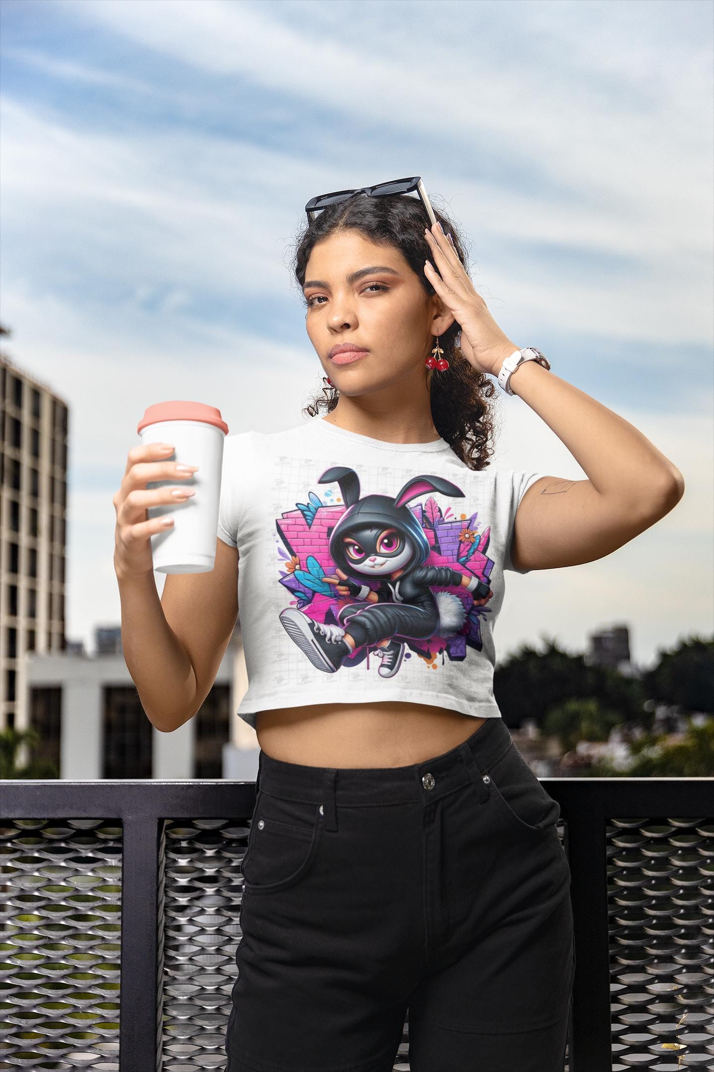 Cropped T-Shirt, Urban Rabbit Attitude Graphic Tee, Streetwear Bunny Shirt, Graffiti Style, Women's Top, Hip Hop Fashion, Cool Animal Design