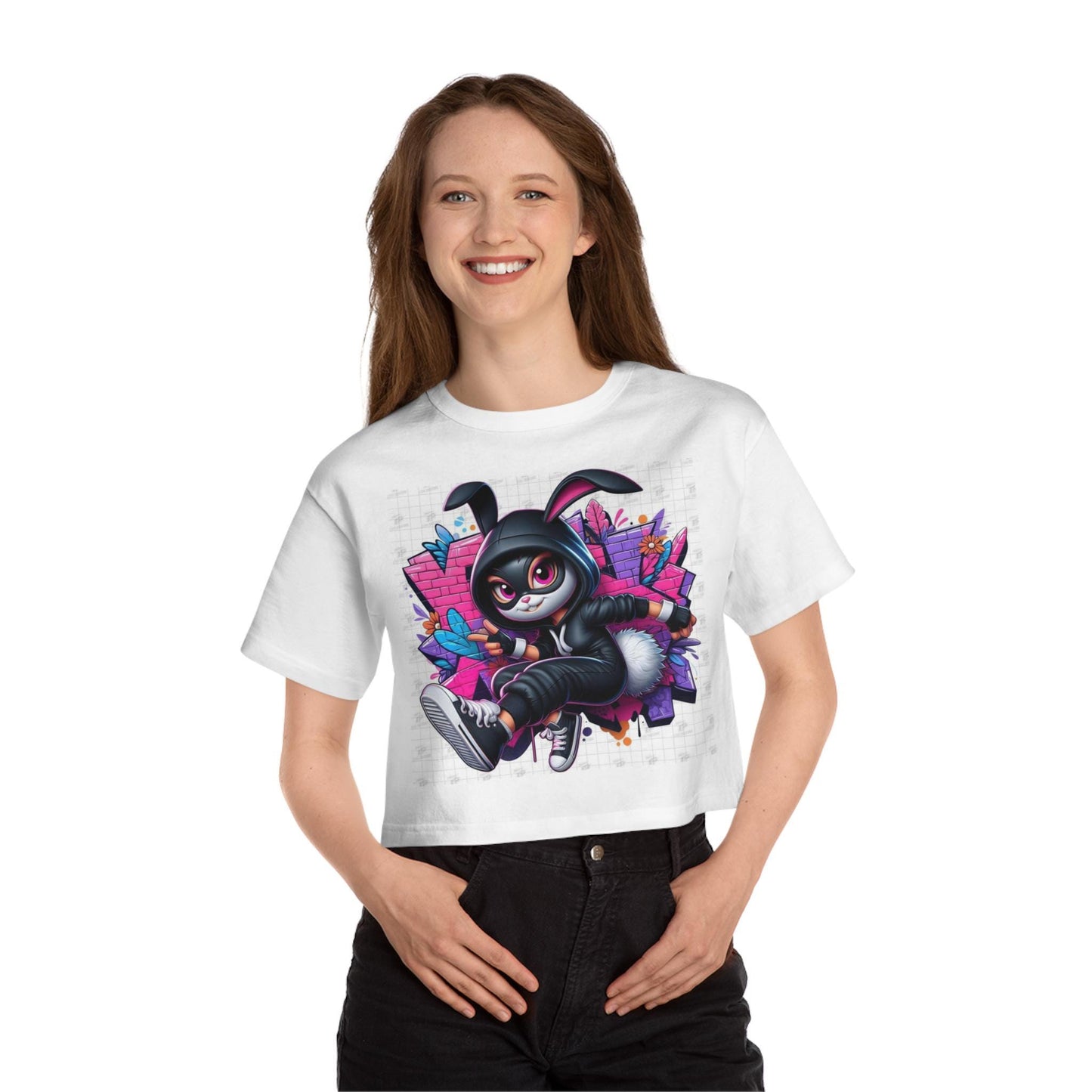 Cropped T-Shirt, Urban Rabbit Attitude Graphic Tee, Streetwear Bunny Shirt, Graffiti Style, Women's Top, Hip Hop Fashion, Cool Animal Design