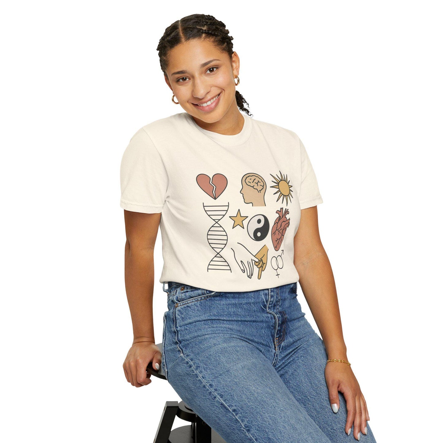 Emotional DNA Collage Unisex T-shirt, Heart Brain Hands Yin-Yang Sun Symbolic Art Tee, Unique Gift, Soft Cotton, Fashion Purpose, Identity