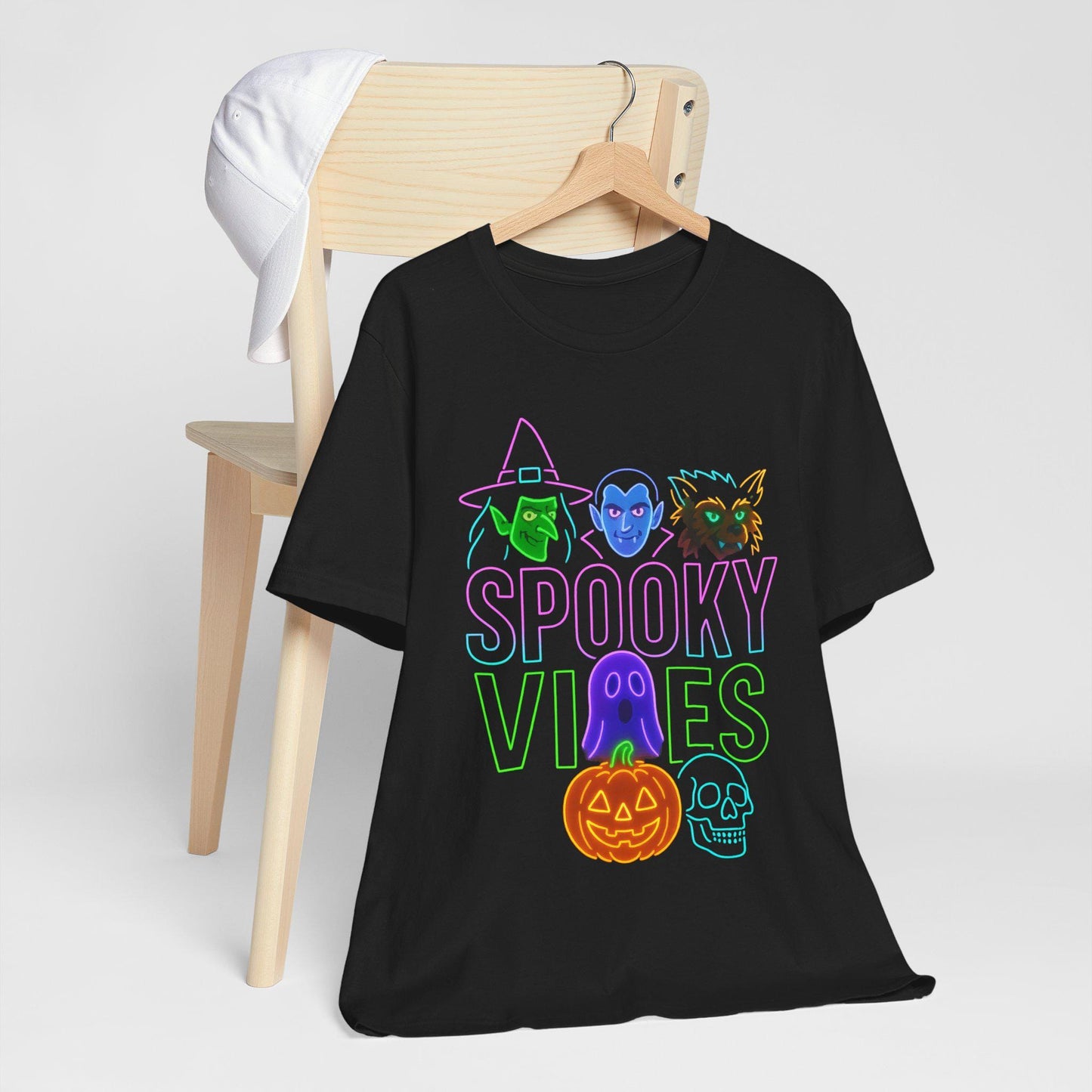 Halloween Spooky Vibes Unisex Tee, Witch Ghost Pumpkin Retro Neon Shirt, Fall Festival Apparel, Cotton Graphic Top, Costume Party Outfit