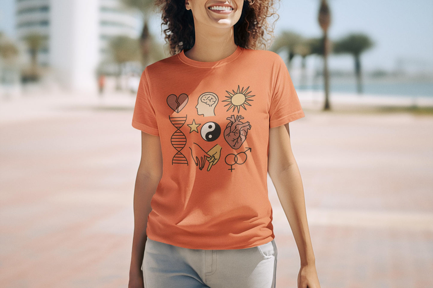 Emotional DNA Collage Unisex T-shirt, Heart Brain Hands Yin-Yang Sun Symbolic Art Tee, Unique Gift, Soft Cotton, Fashion Purpose, Identity
