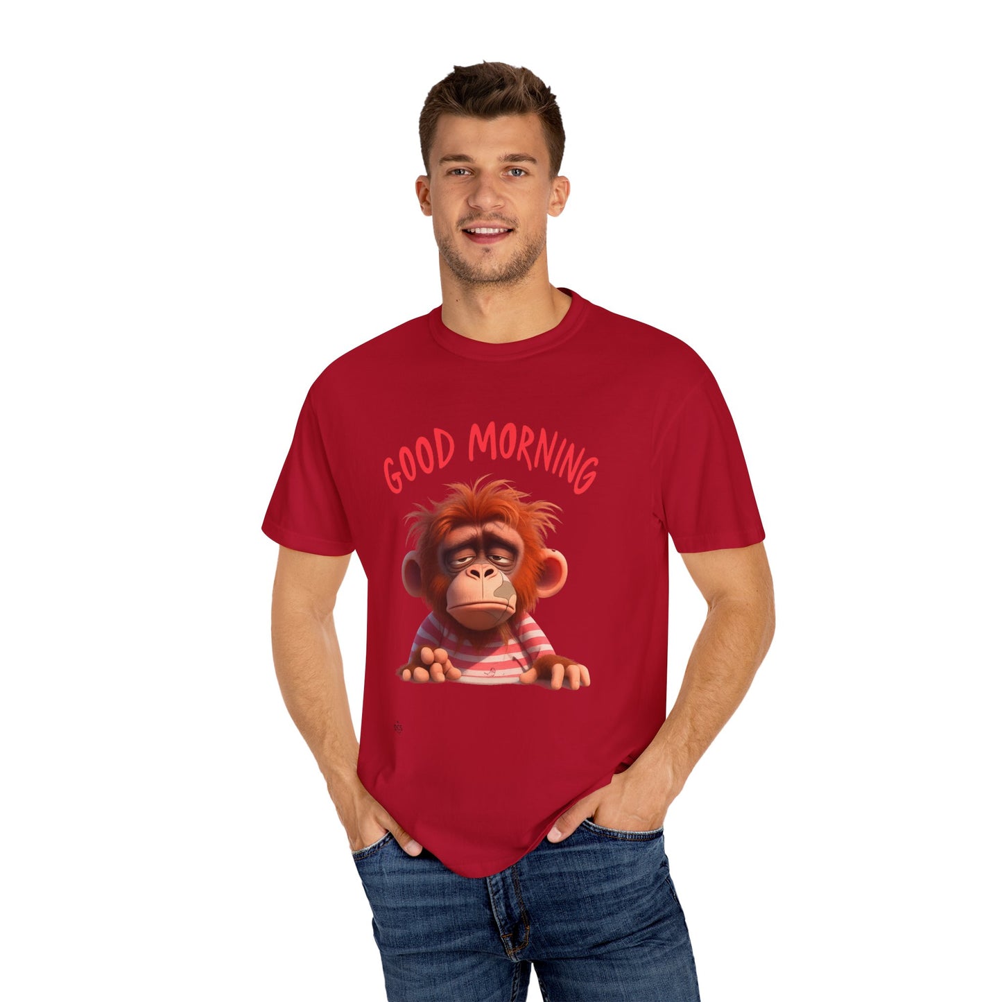 Unisex Garment-Dyed T-shirt with GOOD MORNING Attitude, Streetwear Urban Design, Premium Fabric, Unique Caricature Illustration, Message