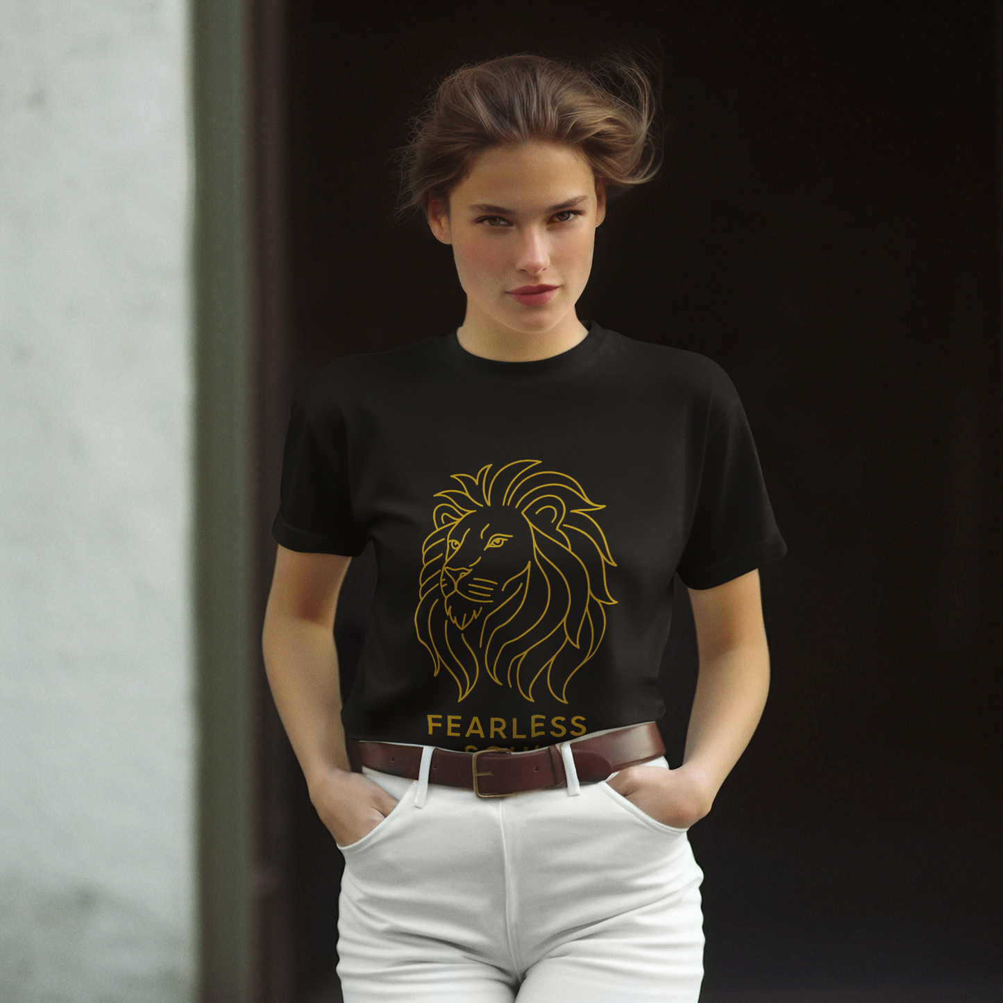Garment-Dyed T-shirt Fearless Soul Lion Line Art Streetwear Urban Premium Unisex Motivational Gift