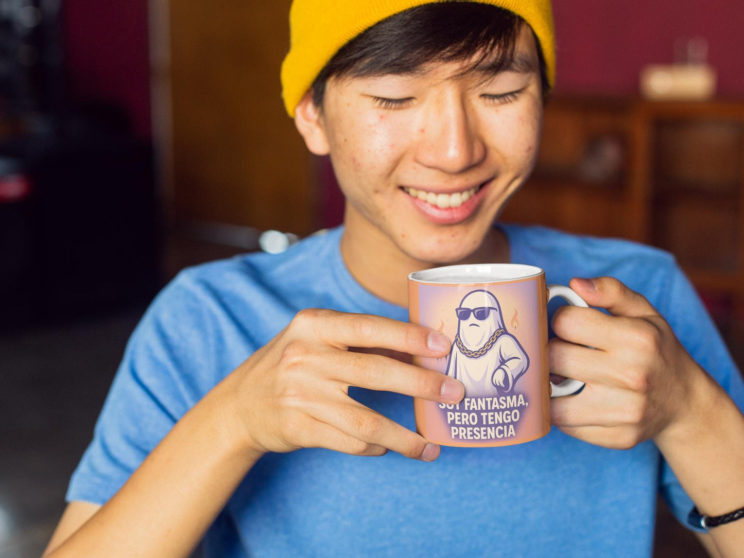 Ghost Design 11oz Mug, Halloween Funny Urban Style Emotional Mug, Powerful Phrase Soft Edge Mug, Pastel Background Mug, Taza Con Diseño De