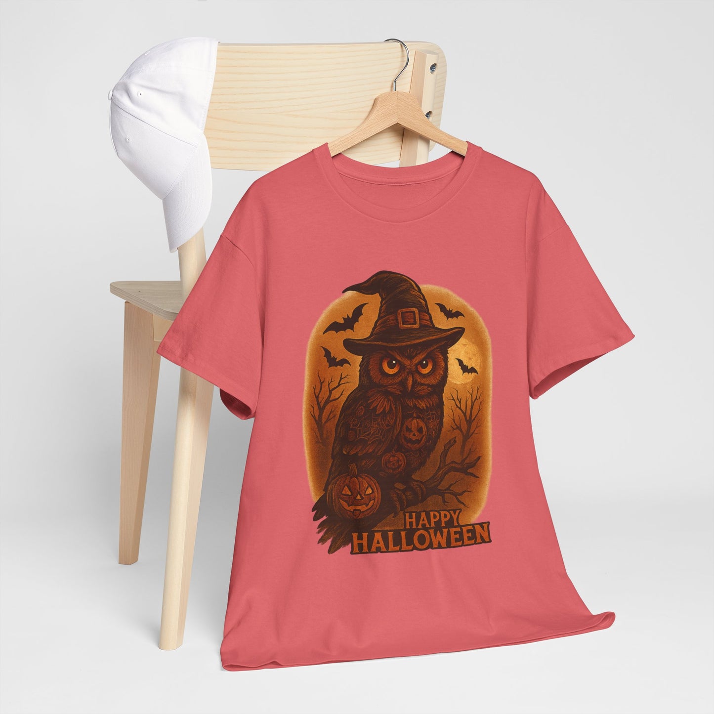 Halloween Owl Tee, Unisex Heavy Cotton T-Shirt, Spooky Halloween Shirt, Fall Apparel, Halloween Costume, Party Outfit