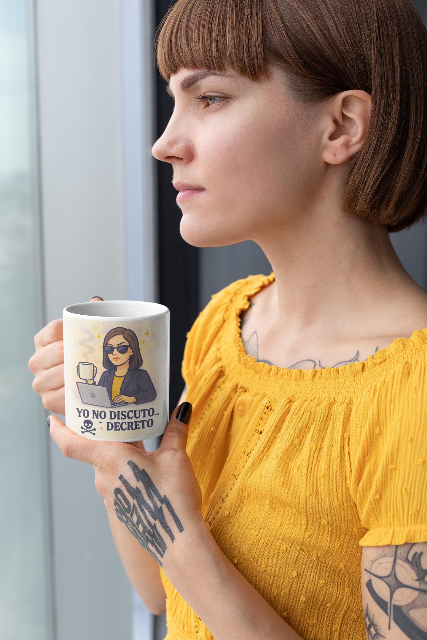 Empowerment Ceramic Mug, Street Style Urban Design, Gift for Creative Boss, Unique Office Mug, Elegant Humor Mug, Feminine Illustration Cup