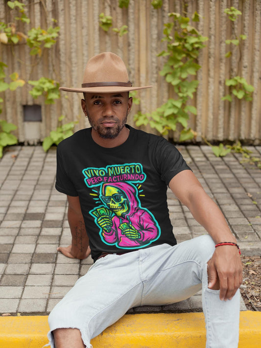 Unisex T-shirt, Skeleton with Magenta Hoodie and Sunglasses Design, Trendy Sticker Style, Fluorescent Colors, Transparent Background,