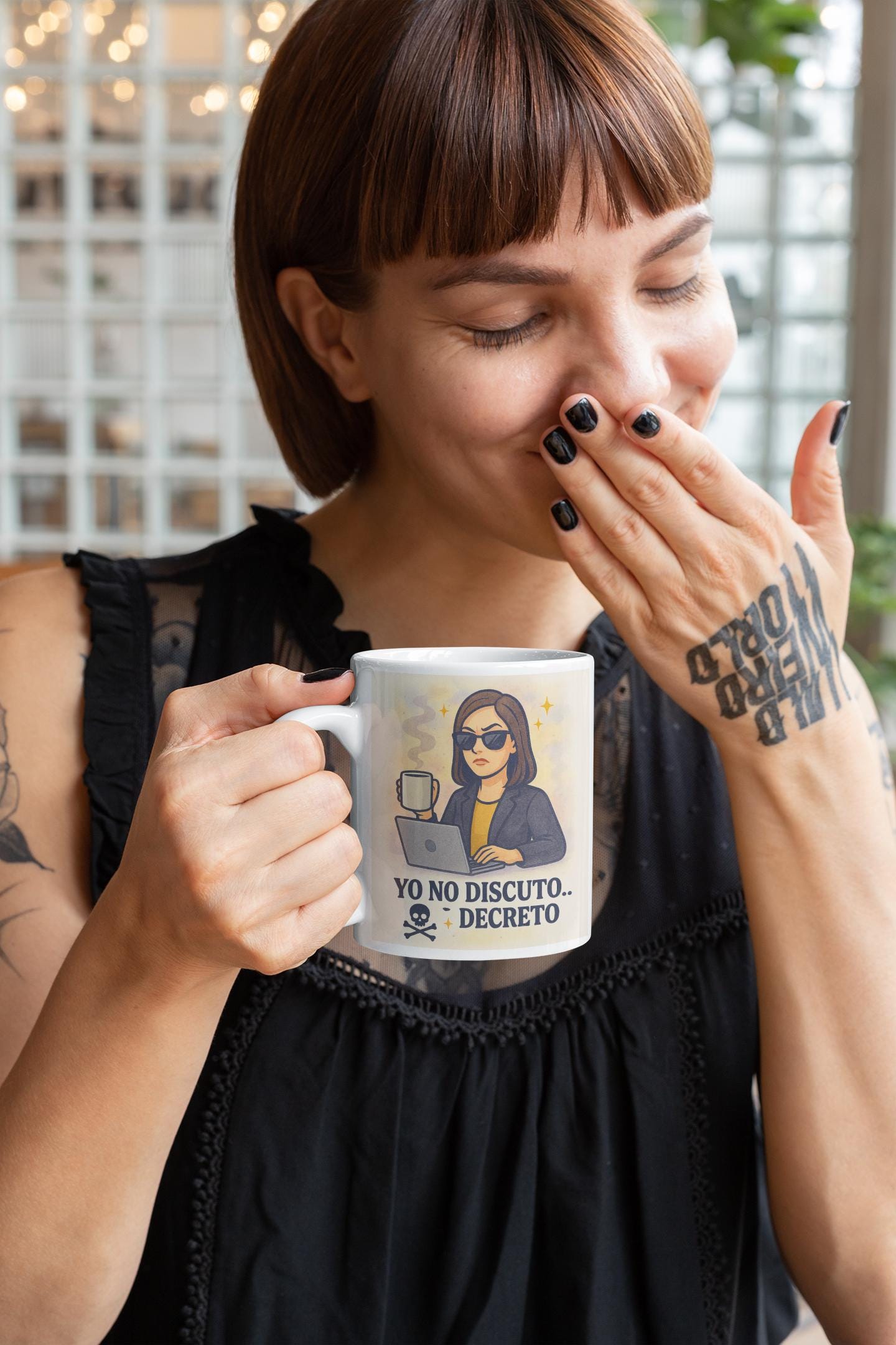 Empowerment Ceramic Mug, Street Style Urban Design, Gift for Creative Boss, Unique Office Mug, Elegant Humor Mug, Feminine Illustration Cup