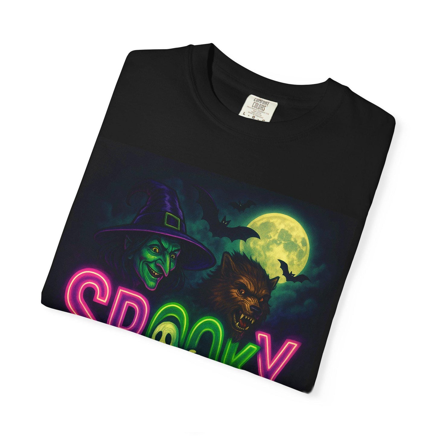 Halloween Spooky Vibes Unisex Garment-Dyed T-shirt, Retro Neon Style, Witch Ghost Pumpkin Shirt, Fall Festival Top, 100% Cotton Tee