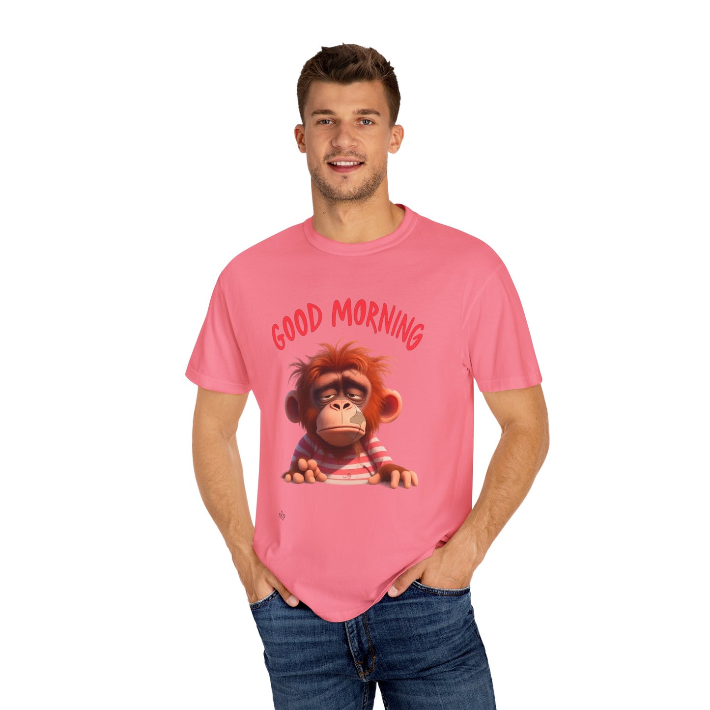 Unisex Garment-Dyed T-shirt with GOOD MORNING Attitude, Streetwear Urban Design, Premium Fabric, Unique Caricature Illustration, Message