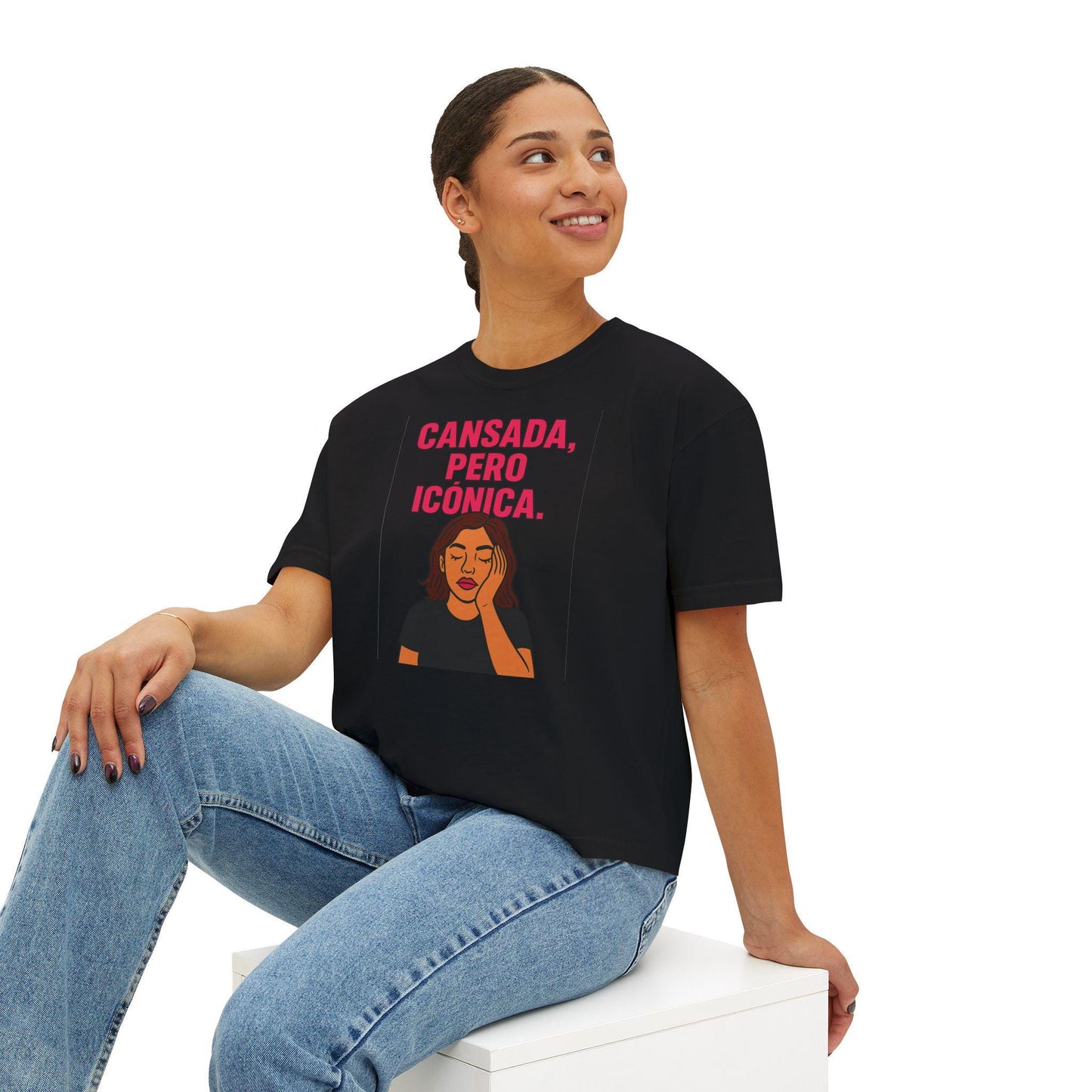 Women's Boxy Tee - Glam Grunge Caricature Illustration - Fashionistas Shirt, Multitasking Queens Top, Editorial Attitude Mom Gift, Exhausted