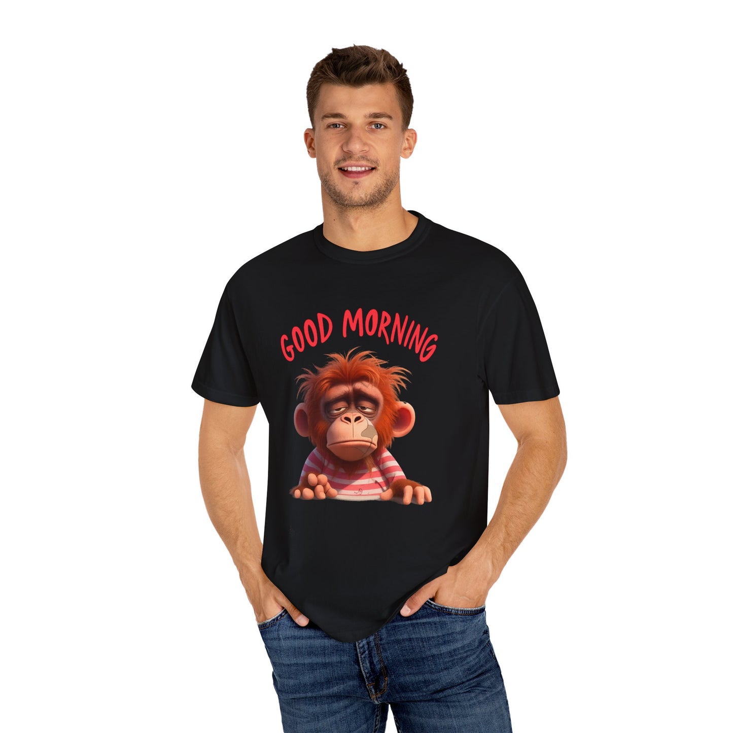 Unisex Garment-Dyed T-shirt with GOOD MORNING Attitude, Streetwear Urban Design, Premium Fabric, Unique Caricature Illustration, Message