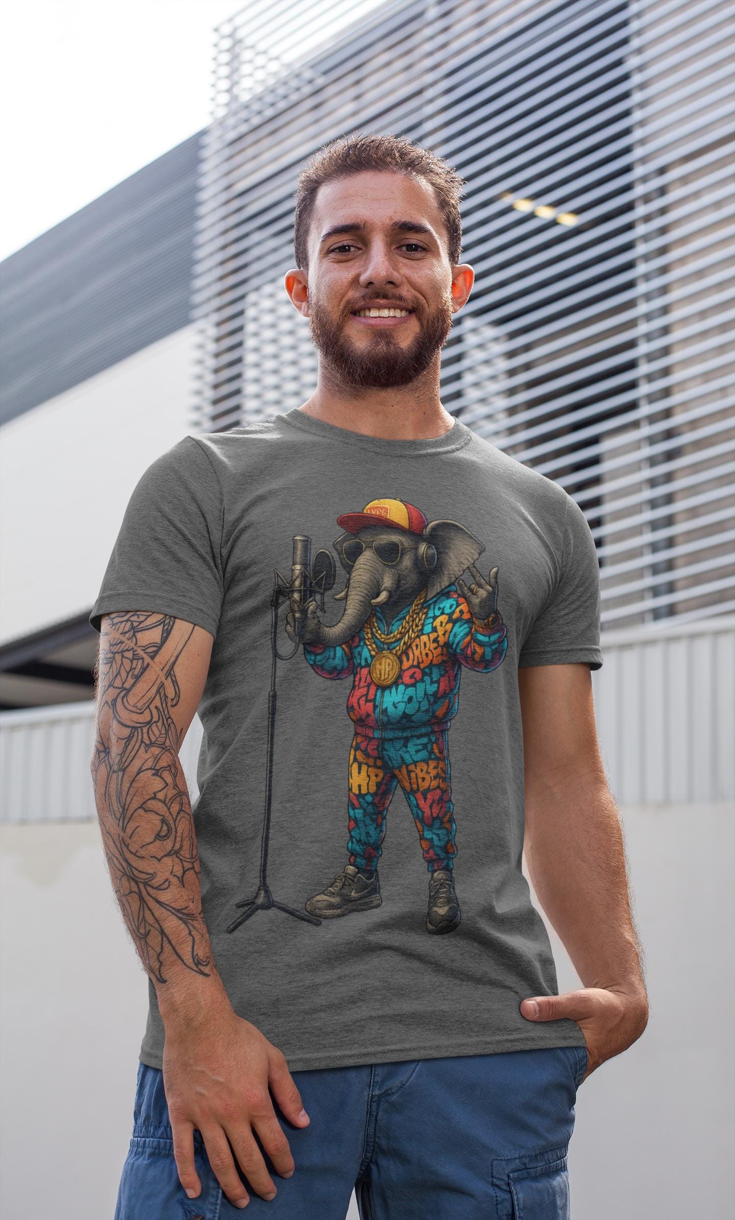 Elephant Rapper T-Shirt - Colorful Hip-Hop Tee, Funny Animal Graphic, Music Lover Gift, Urban Vibes Shirt, Unisex Streetwear Top