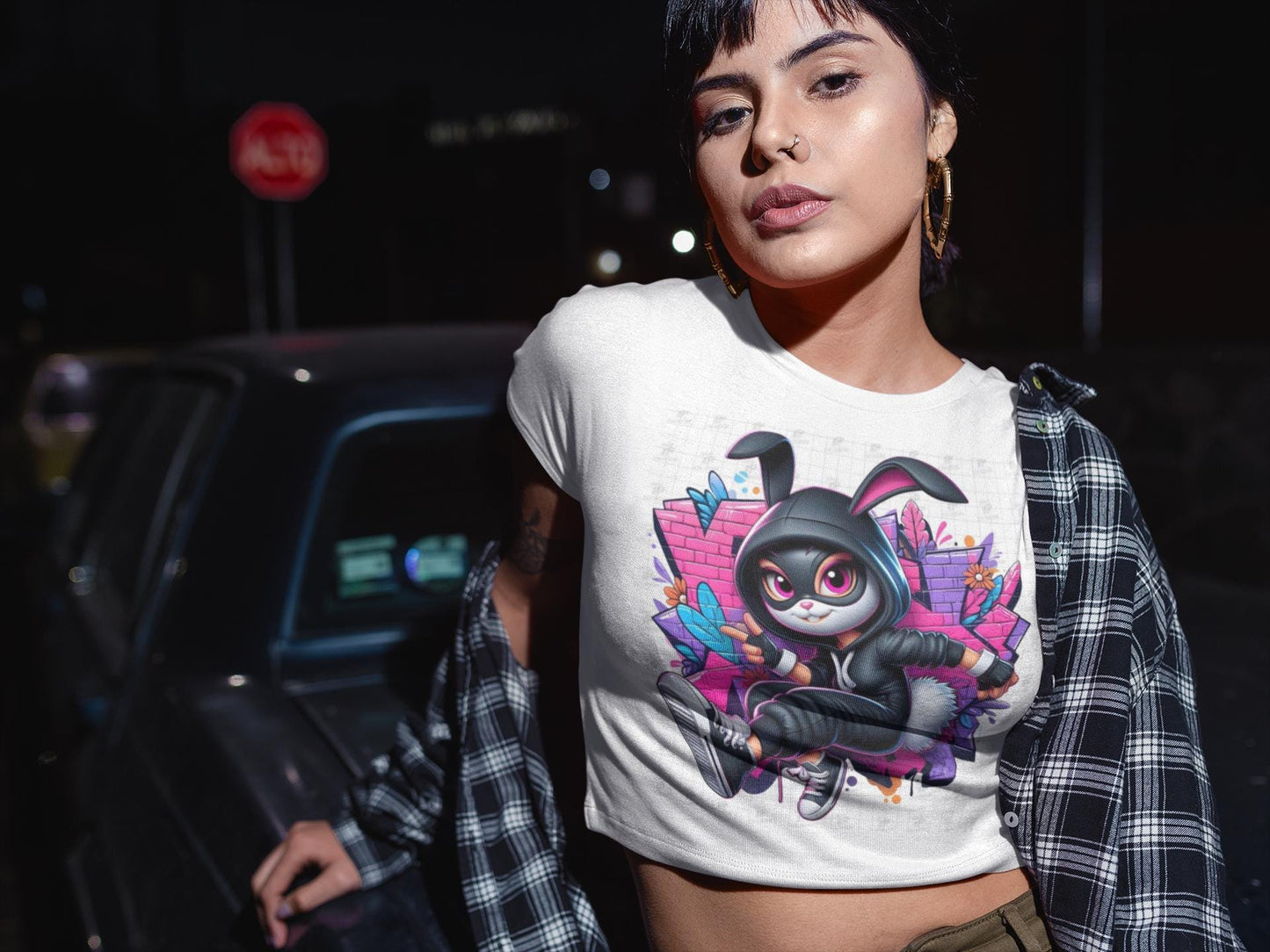 Cropped T-Shirt, Urban Rabbit Attitude Graphic Tee, Streetwear Bunny Shirt, Graffiti Style, Women's Top, Hip Hop Fashion, Cool Animal Design