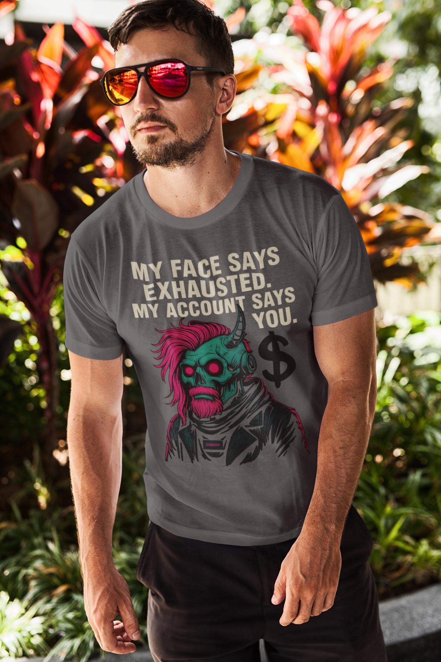 Cyberpunk Hustle Sarcasm T-shirt, Thank You Account, Exhausted Face, Unisex Graphic Tee, Poster Sticker, Masculine Edge, Digital Trophy