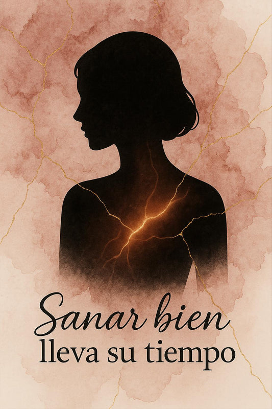 Emotional Healing Wall Art – Kintsugi Silhouette Poster, “Sanar bien lleva su tiempo”, Feminine Modern Print