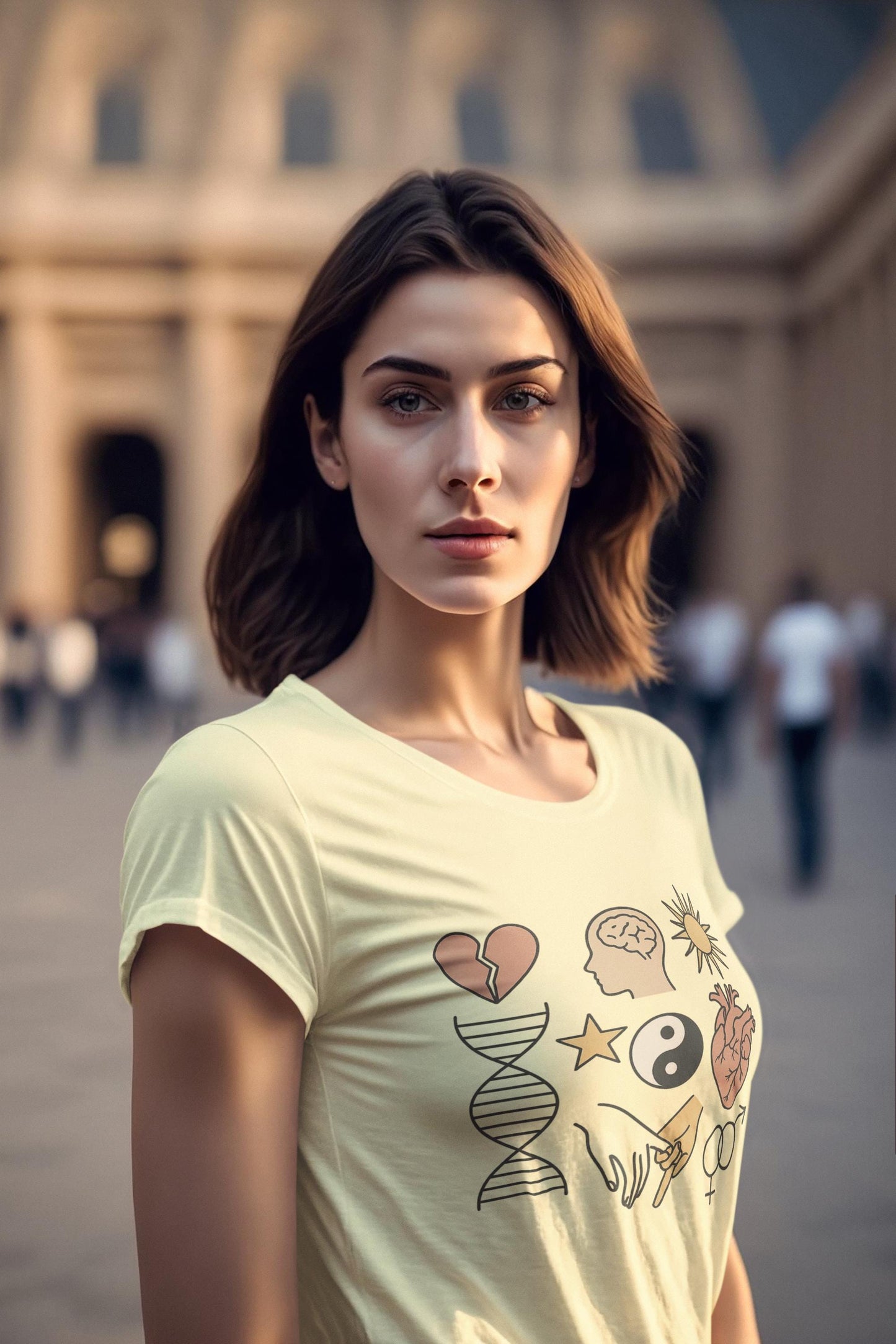 Emotional DNA Collage Unisex T-shirt, Heart Brain Hands Yin-Yang Sun Symbolic Art Tee, Unique Gift, Soft Cotton, Fashion Purpose, Identity