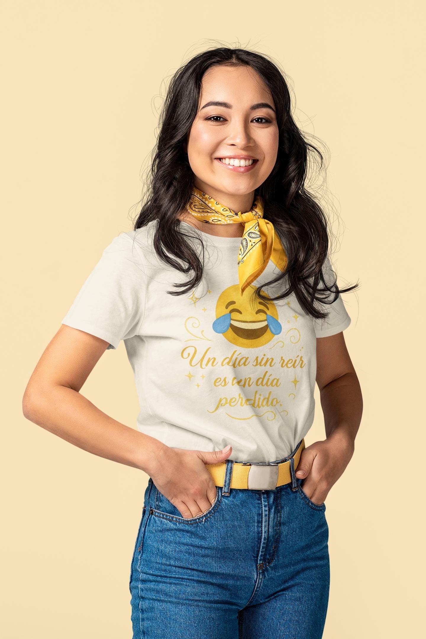 Spanish Inspirational Quote Unisex T-Shirt, Watercolor Emoji Design, Positive Humor + Elegance, Garment-Dyed Tee, Digital Print Tee, Golden