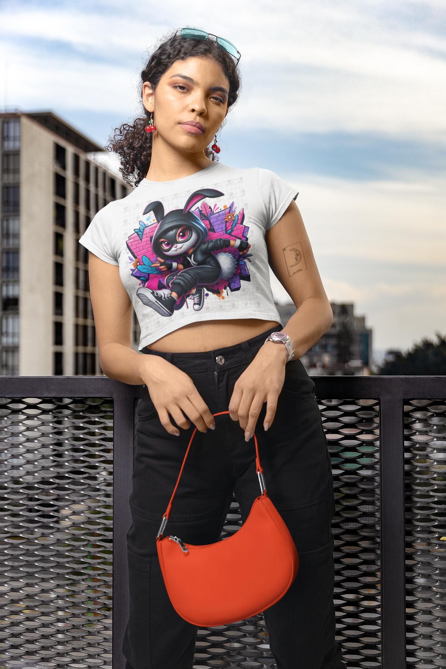 Cropped T-Shirt, Urban Rabbit Attitude Graphic Tee, Streetwear Bunny Shirt, Graffiti Style, Women's Top, Hip Hop Fashion, Cool Animal Design