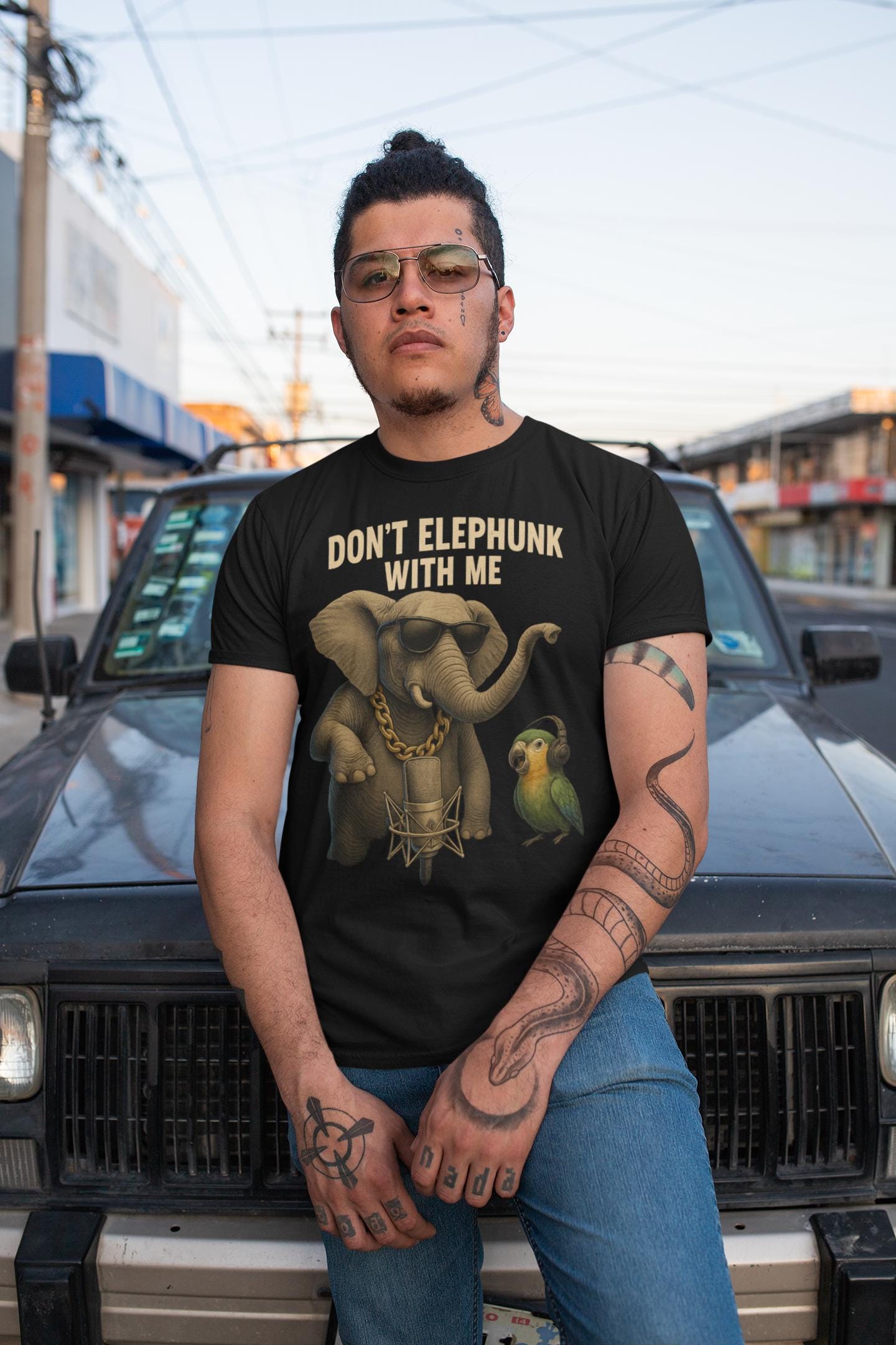 Reggaeton Elephant T-shirt, Music Lover Tee, Hip Hop Animal Shirt, Urban Fashion Top, Funny Parrot Beatbox Tee, Unisex Cotton Garment-Dyed,
