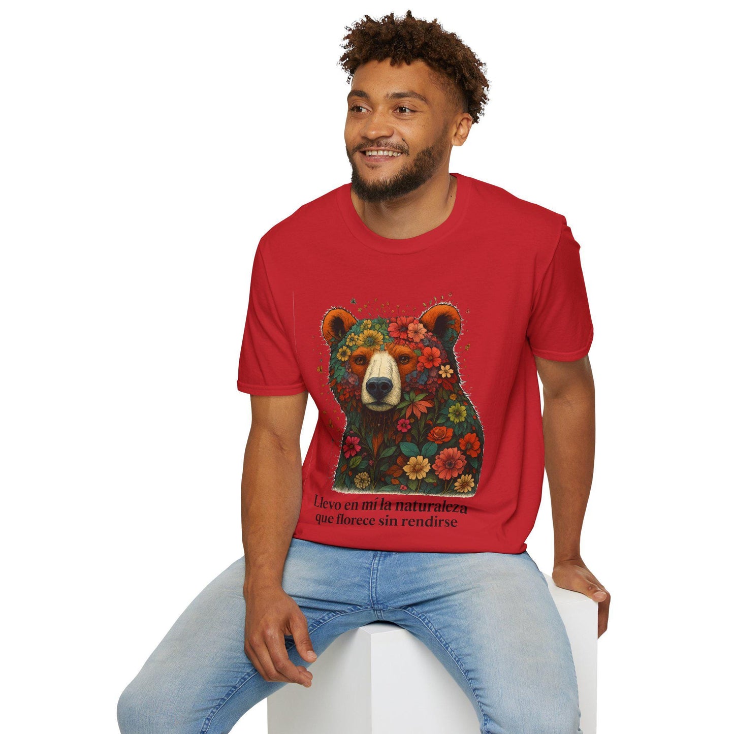 Resilient Floral Bear Softstyle T-Shirt, Nature Lover Gift, Emotional Beige Tee, Earth Day Present, XS-3XL, Gildan 64000