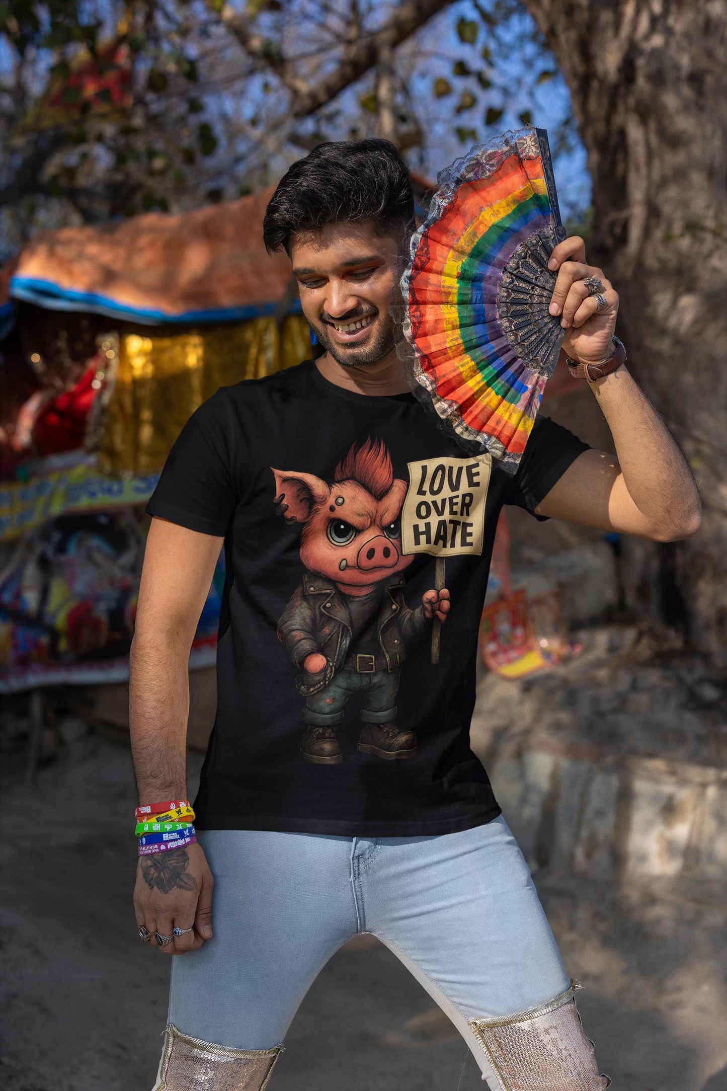 Unisex Tee, Punk Pig Love Over Hate, Activist Shirt, Alternative Fashion, Resistance Clothing, Festival Apparel