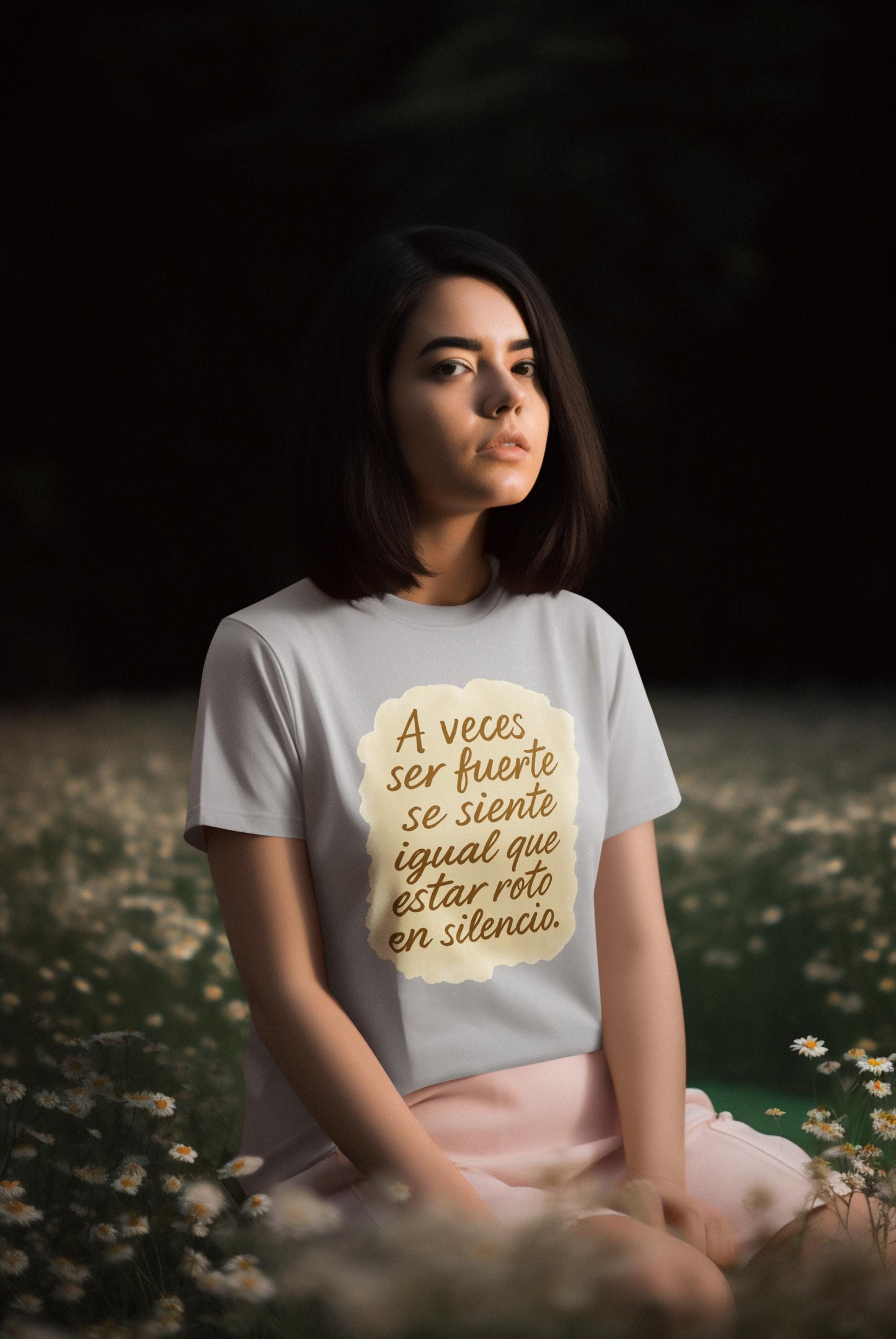 Camiseta emocional con frase, Ser fuerte también duele, Diseño artístico en acuarela para sanación consciente