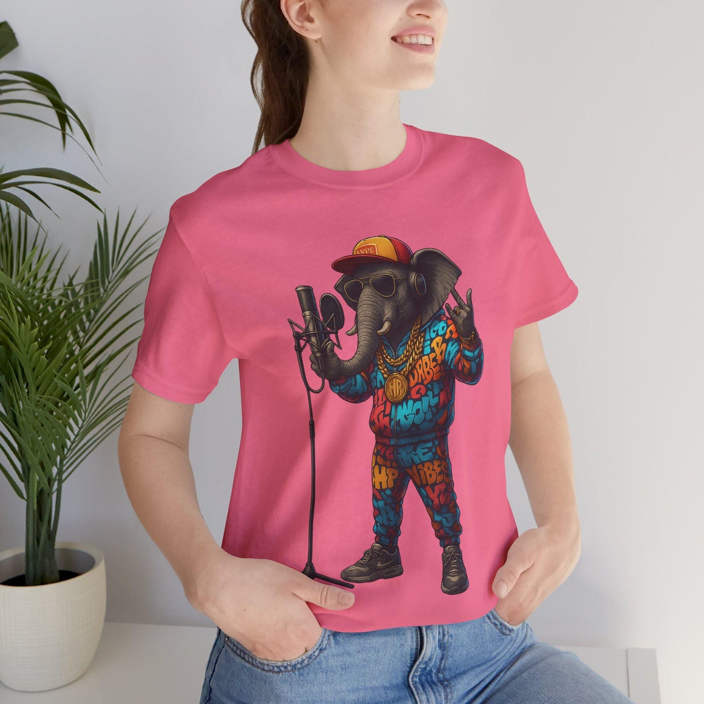 Elephant Rapper T-Shirt - Colorful Hip-Hop Tee, Funny Animal Graphic, Music Lover Gift, Urban Vibes Shirt, Unisex Streetwear Top