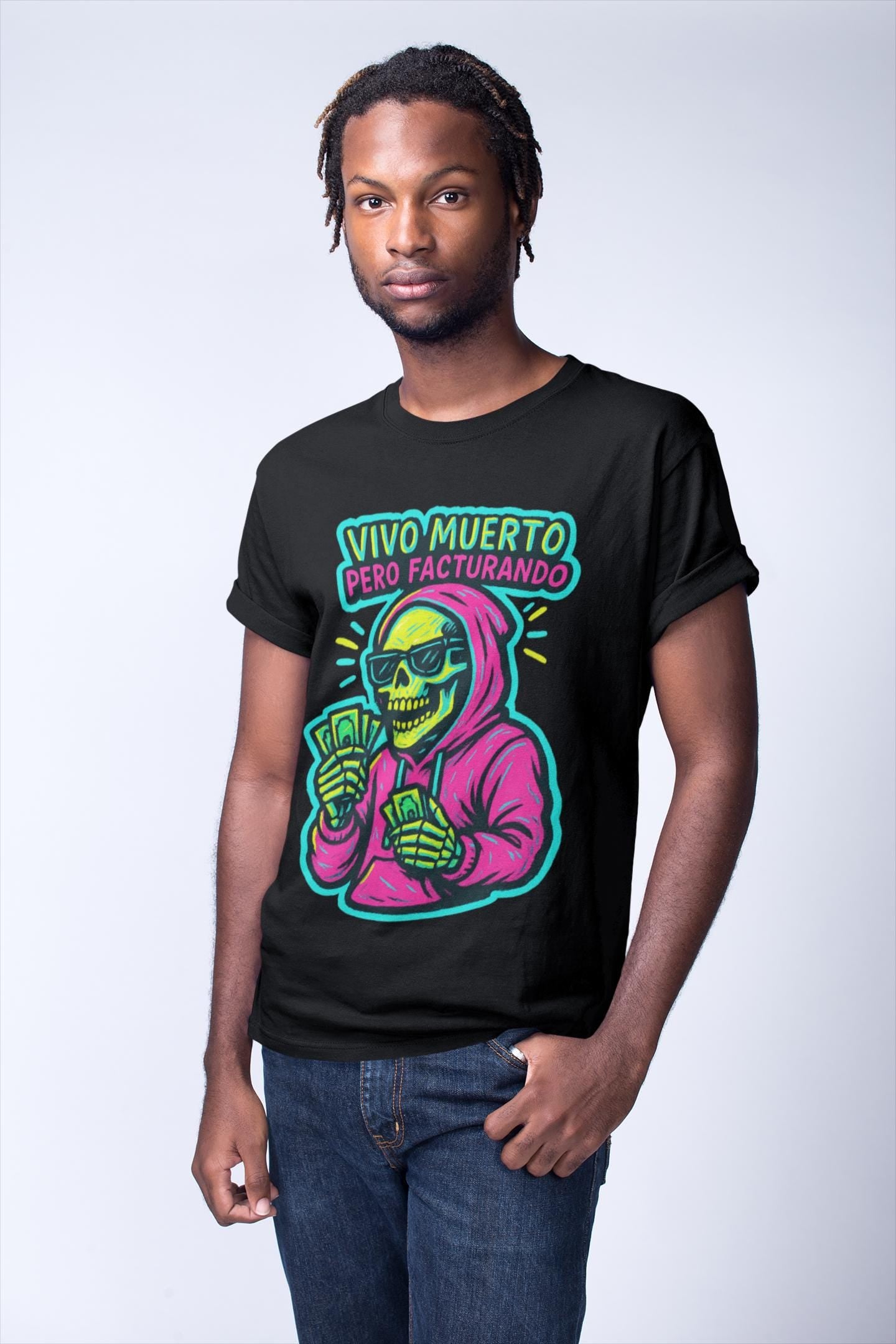 Unisex T-shirt, Skeleton with Magenta Hoodie and Sunglasses Design, Trendy Sticker Style, Fluorescent Colors, Transparent Background,