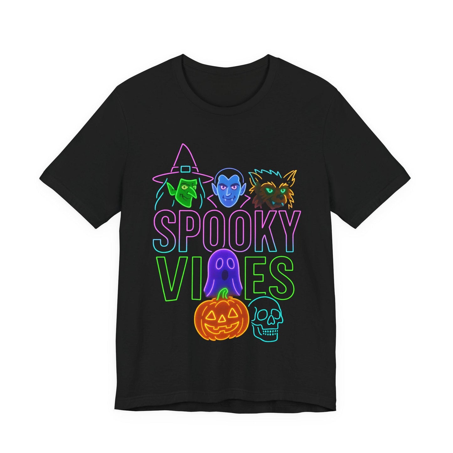 Halloween Spooky Vibes Unisex Tee, Witch Ghost Pumpkin Retro Neon Shirt, Fall Festival Apparel, Cotton Graphic Top, Costume Party Outfit