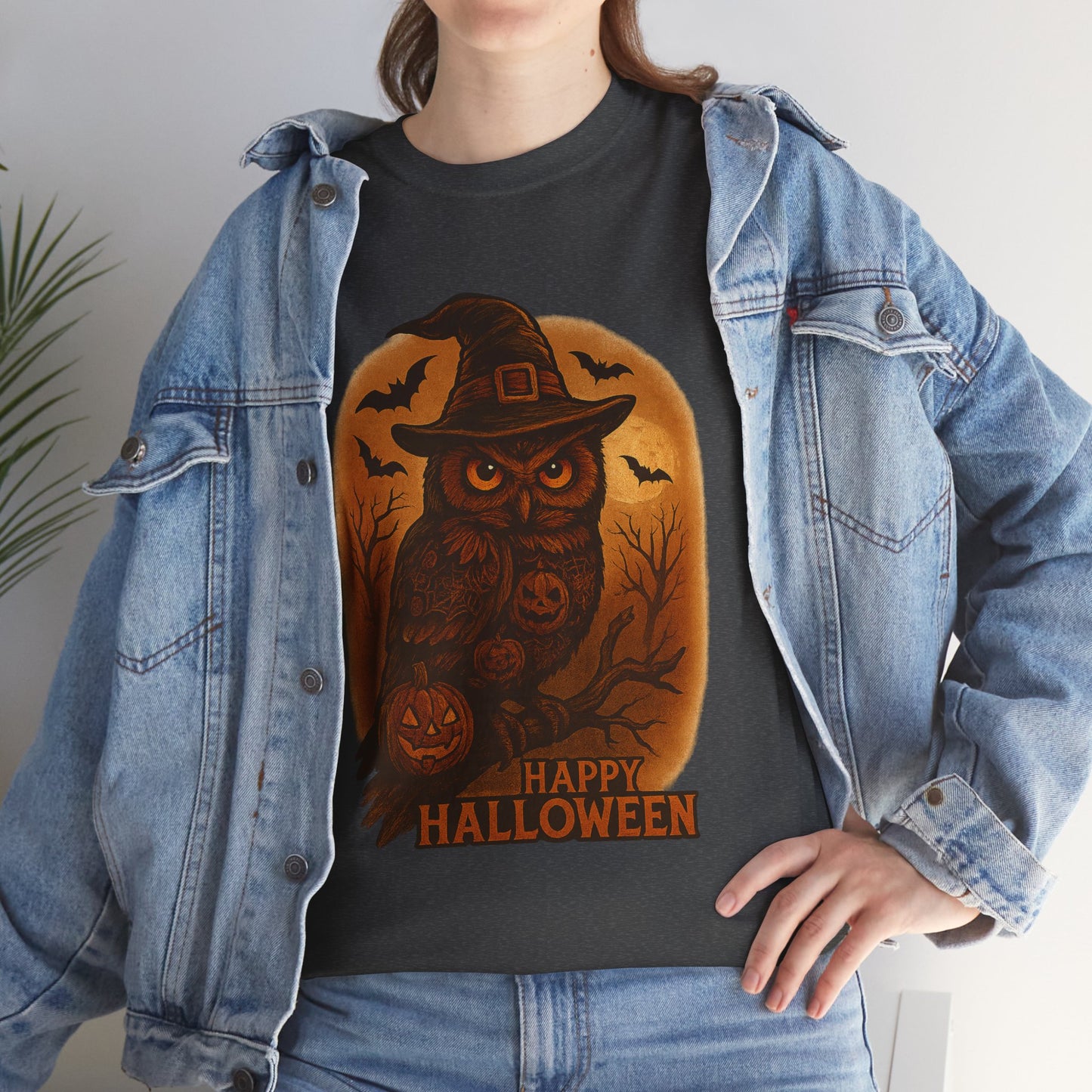 Halloween Owl Tee, Unisex Heavy Cotton T-Shirt, Spooky Halloween Shirt, Fall Apparel, Halloween Costume, Party Outfit
