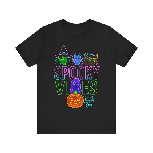 Halloween Spooky Vibes Unisex Tee, Witch Ghost Pumpkin Retro Neon Shirt, Fall Festival Apparel, Cotton Graphic Top, Costume Party Outfit