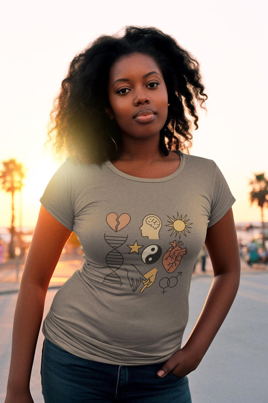 Emotional DNA Collage Unisex T-shirt, Heart Brain Hands Yin-Yang Sun Symbolic Art Tee, Unique Gift, Soft Cotton, Fashion Purpose, Identity