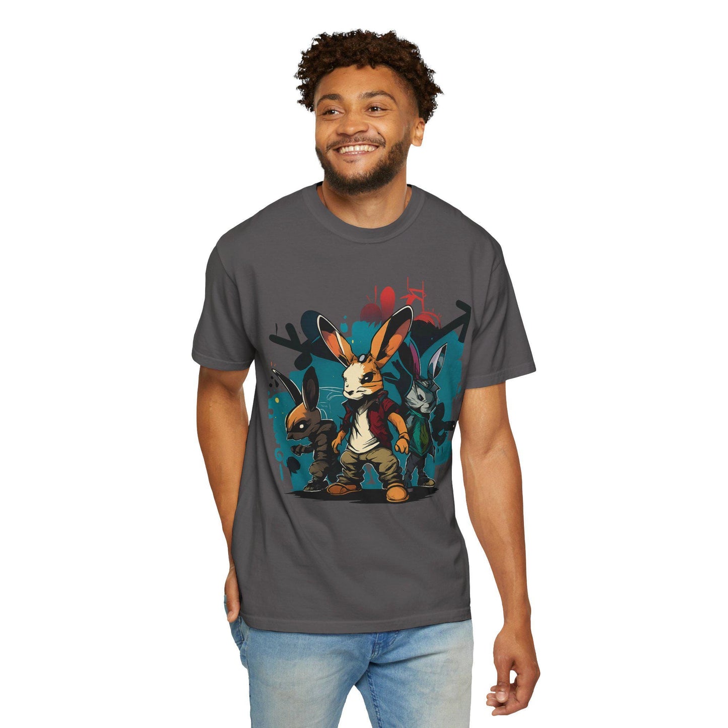 Three Rabbits, One Attitude Unisex Garment-Dyed T-shirt, Urban Art Street Style Tee, Animal Energy Shirt, Comfort Colors 1717