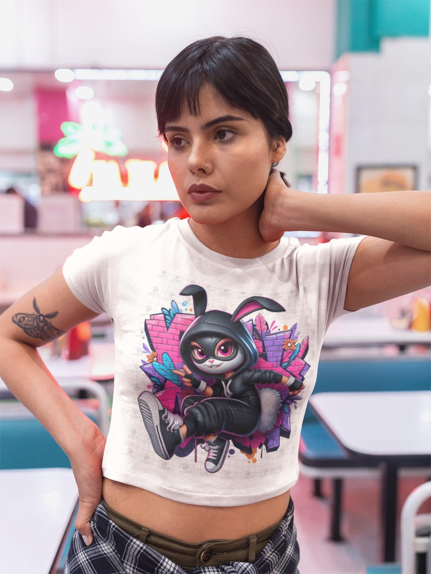 Cropped T-Shirt, Urban Rabbit Attitude Graphic Tee, Streetwear Bunny Shirt, Graffiti Style, Women's Top, Hip Hop Fashion, Cool Animal Design