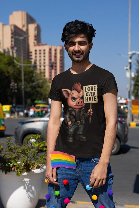 Unisex Tee, Punk Pig Love Over Hate, Activist Shirt, Alternative Fashion, Resistance Clothing, Festival Apparel