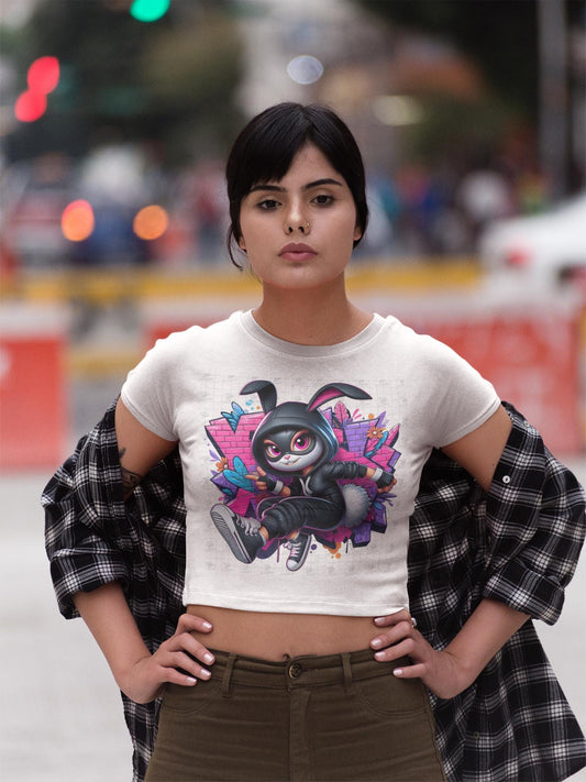 Cropped T-Shirt, Urban Rabbit Attitude Graphic Tee, Streetwear Bunny Shirt, Graffiti Style, Women's Top, Hip Hop Fashion, Cool Animal Design